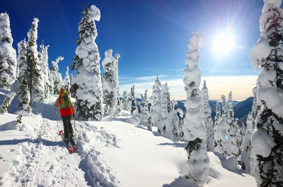 A person ski touring on a sunny day on Powder Highway, BC