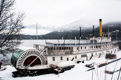 The SS Moyie Sternwheeler with a snowy background in Kaslo BC