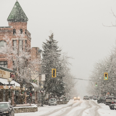 Downtown Nelson BC during a very snowy day.