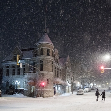 Touchstones Museum in Nelson, BC on a snowy night.