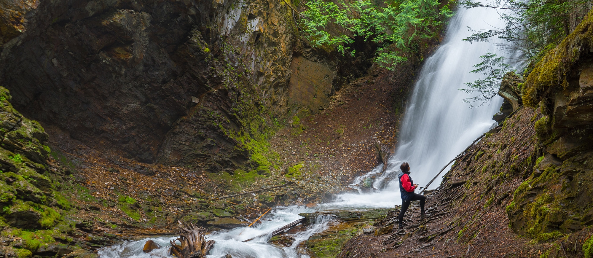 A person standing in front of Fletcher Falls in Kaslo, BC. 