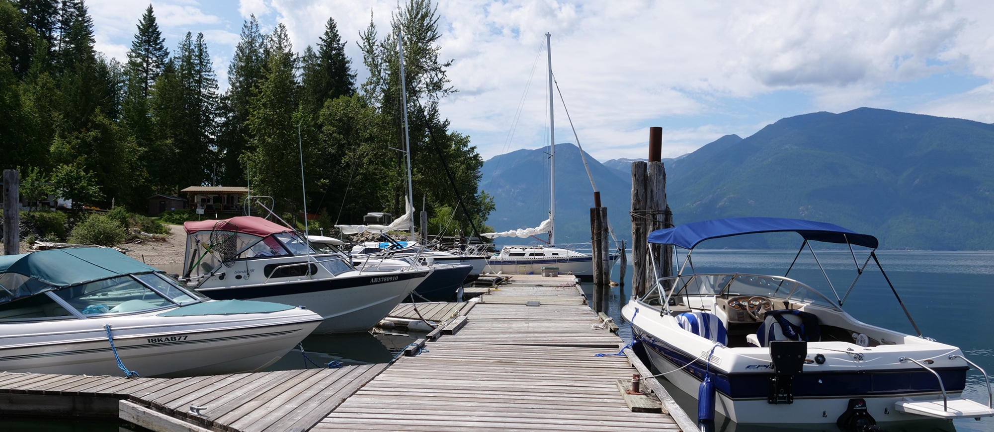 Looking down the dock at The Lakeview in Gray Creek near Crawford Bay, BC