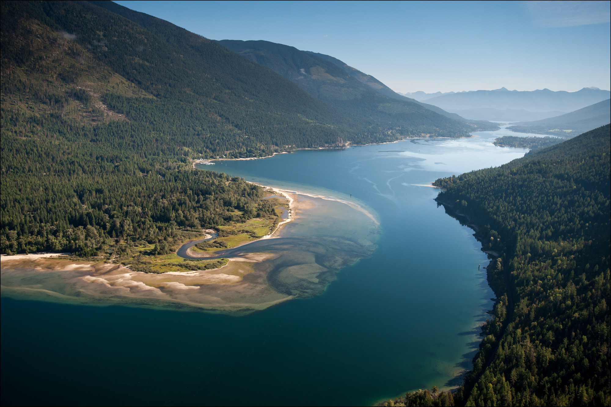 Aerial view of Kokanee Creek flowing into Kootenay Lake looking North near Nelson, BC