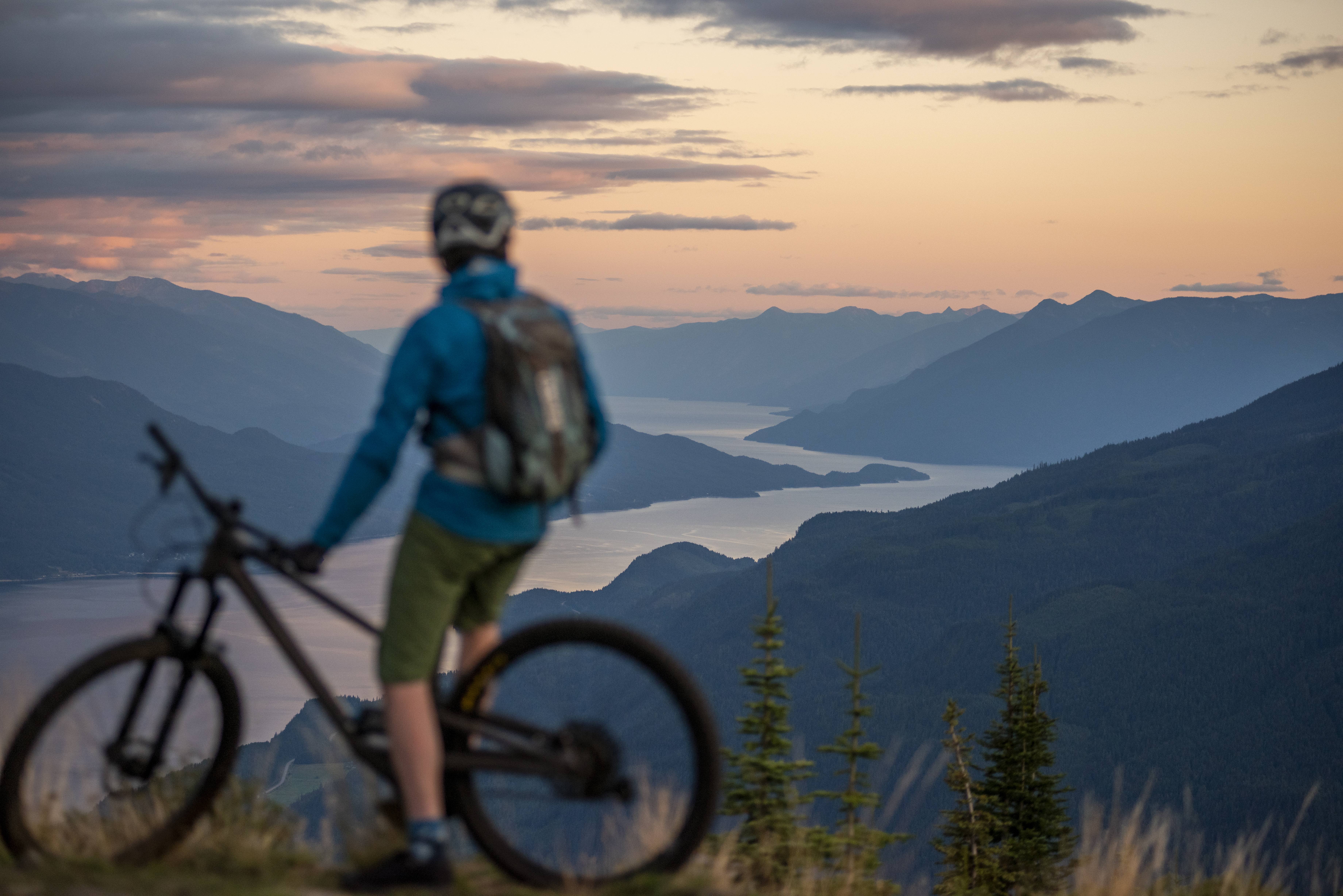 View of Kootenay Lake from the top of Friendly Giant mountain biking trail in Kaslo BC.
