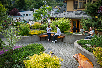 People drinking coffee in the garden at Oso Negro