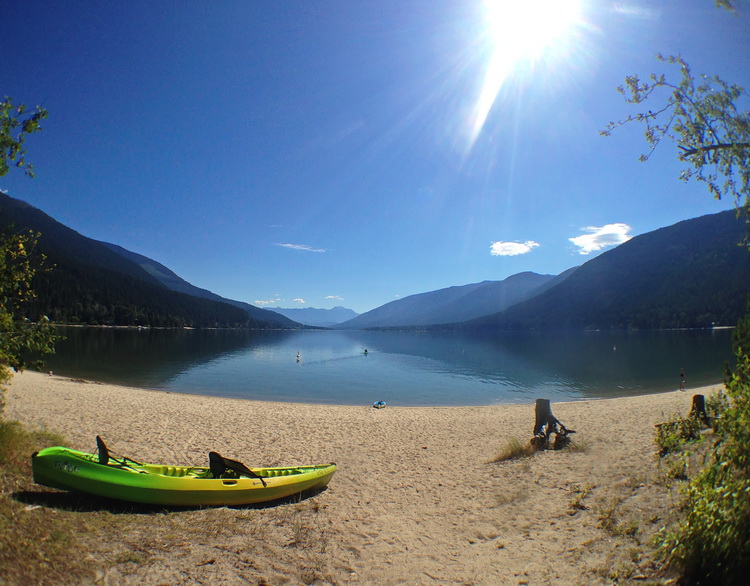 Kokanee Creek beach with the bright sun