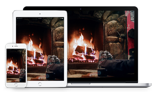 Download your yule log wallpaper, mockup of three screen sizes. 