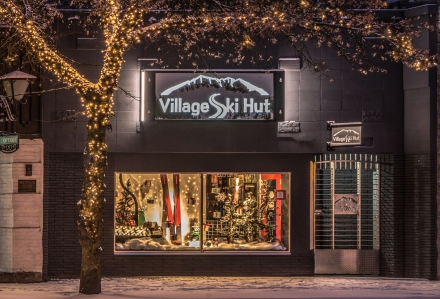 The outside of the Village Ski Hut building on Baker Street in Nelson, BC.