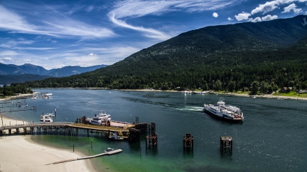 The Kootenay Lake Ferry about to pull into the Balfour Ferry Terminal