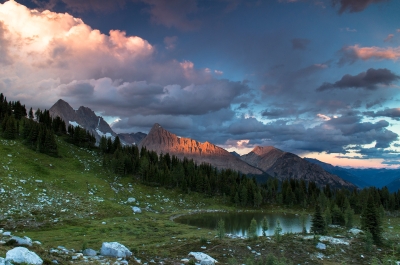 Golden hour on the mountains around Jumbo in the Purcell mountains.