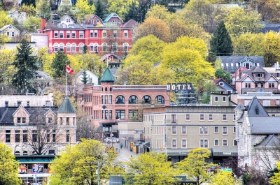 The Hume Hotel and surrounding heritage buildings covered in spring, Nelson, BC