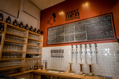 The bar and taps at Angry Hen Brewing Company in Kaslo, BC