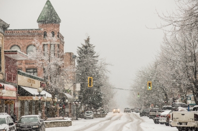 Downtown Nelson BC during a very snowy day.