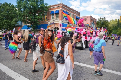 A colourful pink-themed float in the annual Kootenay Pride parade in Nelson BC