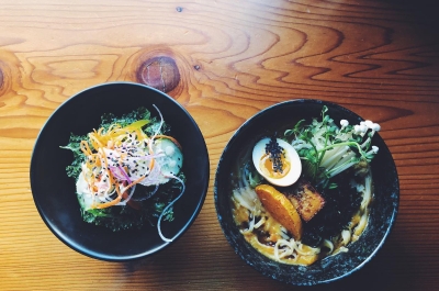 A ramen bowl viewed from above, from Red Light Ramen in Nelson BC