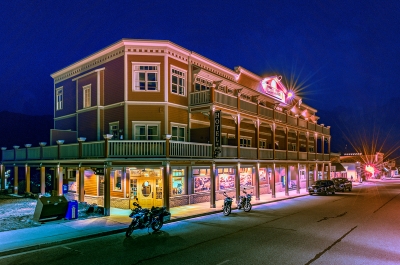 The Kaslo Hotel looking lively in the evening.
