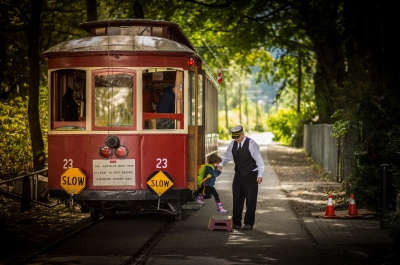 Streetcar #23 in Nelson BC, a park-side tram running daily throughout the summer.