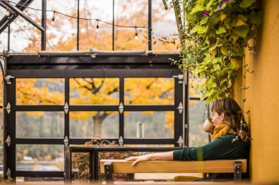 Someone sipping coffee in the solarium at Empire Coffee in Nelson, BC.