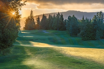 Balfour Golf Course at sunset, a golf course near Nelson BC and Balfour BC.