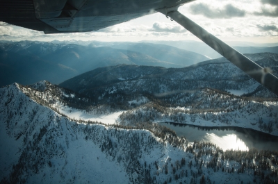 Looking out of an airplane window at Kokanee Glacier Provincial Park