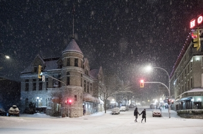 The Nelson Museum, Archives & Gallery in Nelson, BC on a snowy night.