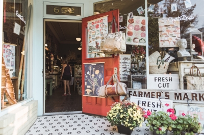 An open door to a downtown Nelson, BC shop: Cartolina on Baker Street