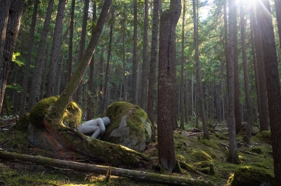 A concrete sculpture hiding in the forest along the Kaslo River Trail.