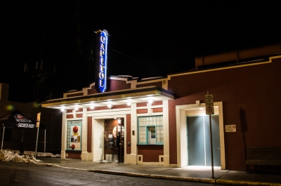 Capitol Theatre lit up at night in Nelson, BC