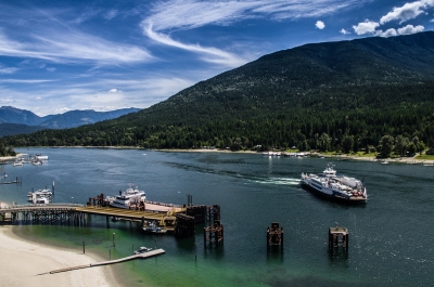 The Kootenay Lake Ferry about to pull into the Balfour Ferry Terminal