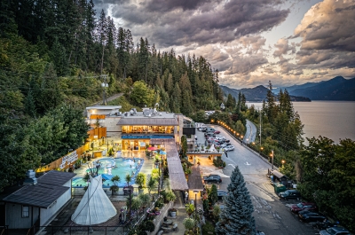 An aerial shot of Ainsworth Hot Springs Resort in BC.