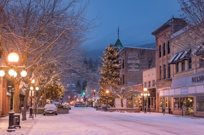 Nelson BC in the evening light covered with snow and lit up by Christmas Lights