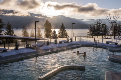 Ainsworth Hot Springs, near Nelson, with the main pool lit by the setting sun.