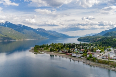 Aerial shot of Kaslo, BC in the summer.
