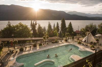 Ainsworth Hot Springs, near Nelson, with the main pool lit by the setting sun.