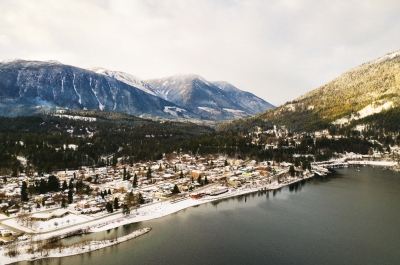 Aerial shot of Kaslo in the winter