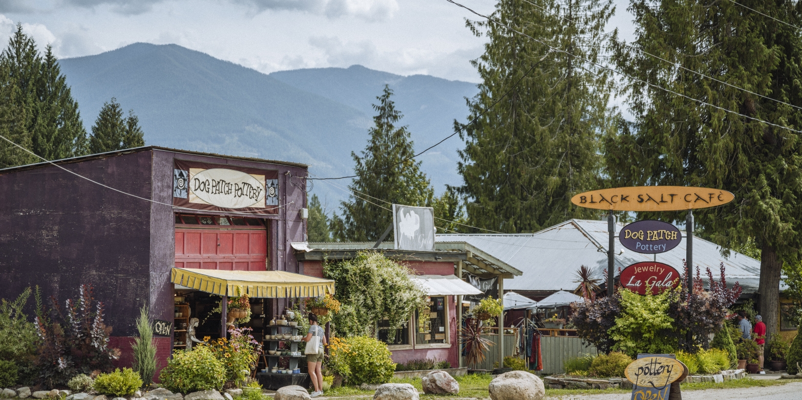 A view of Crawford Bay with artisan shops and mountains in the background