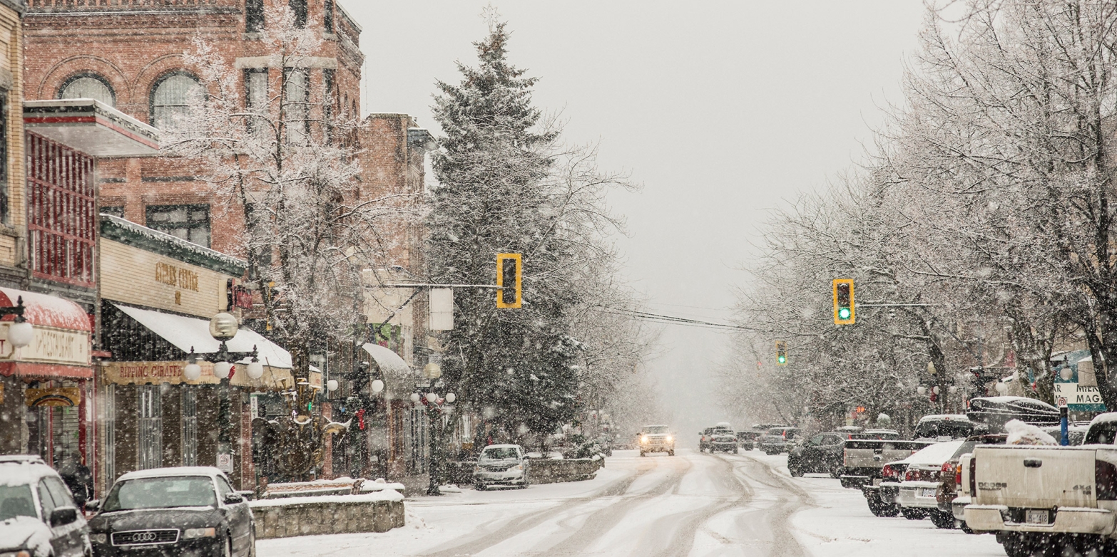 Downtown Nelson BC during a very snowy day.