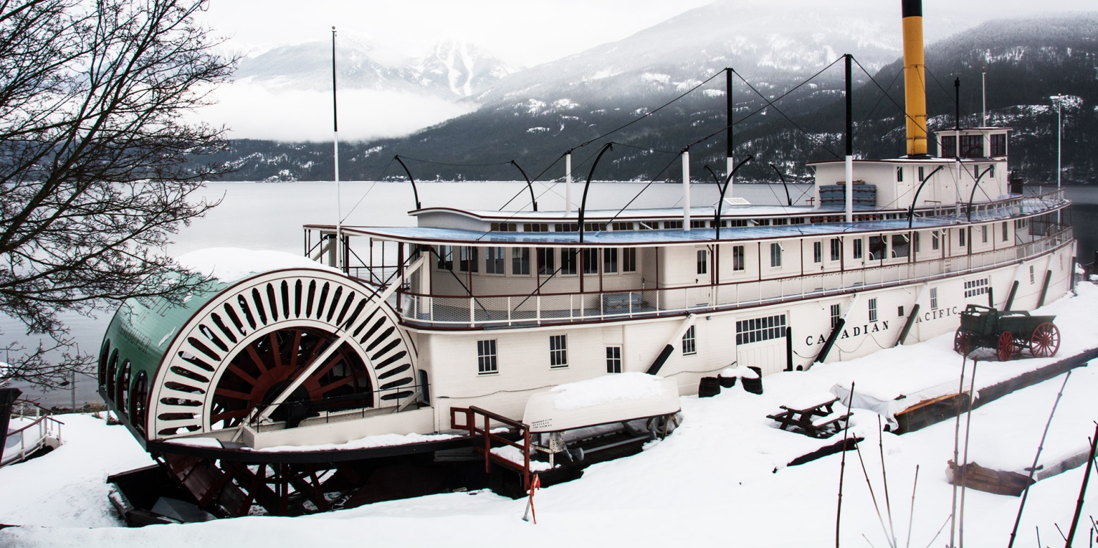 The SS Moyie Sternwheeler with a snowy background in Kaslo BC
