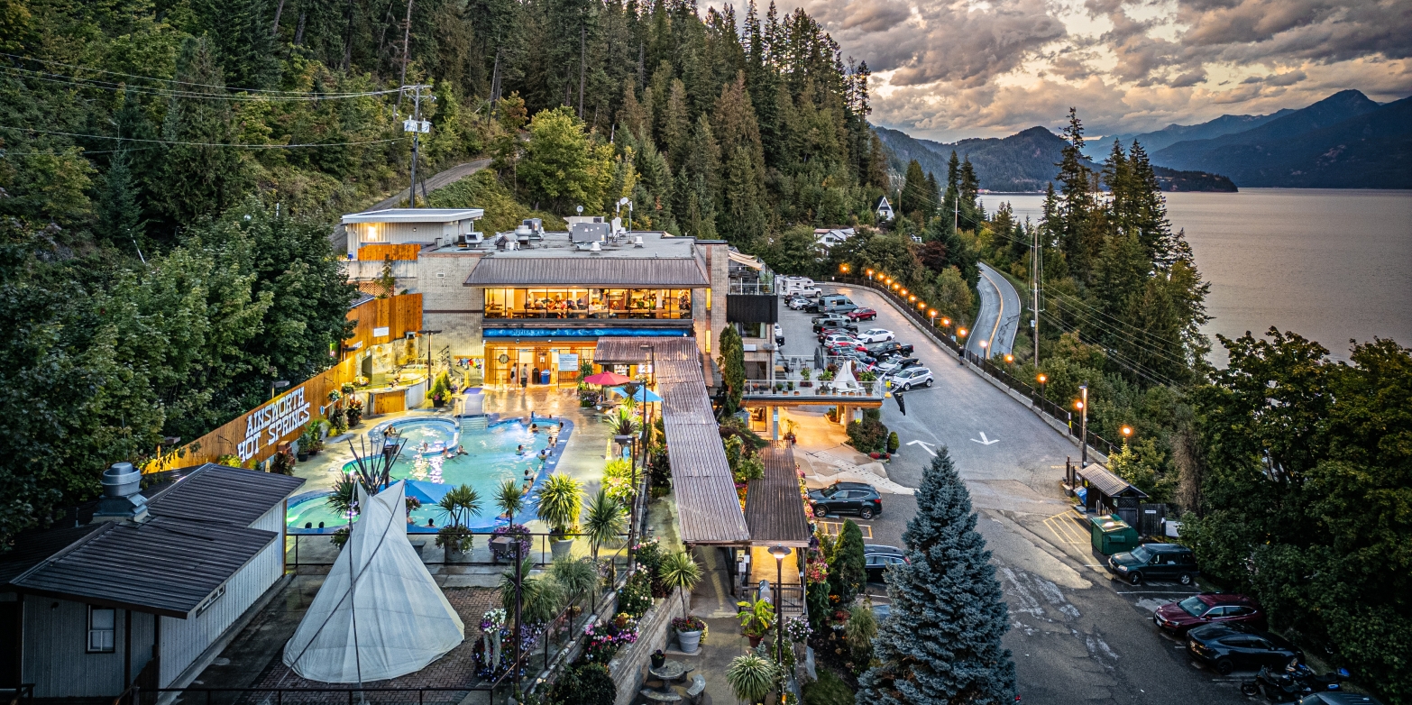 Adrian Wagner | Ainsworth Hot Springs Resort An aerial shot of Ainsworth Hot Springs Resort in BC.