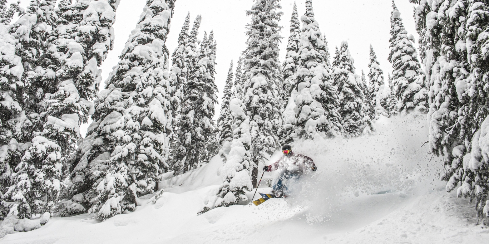 A skiier in deep powder at Whitewater Ski Resort near Nelson, BC.