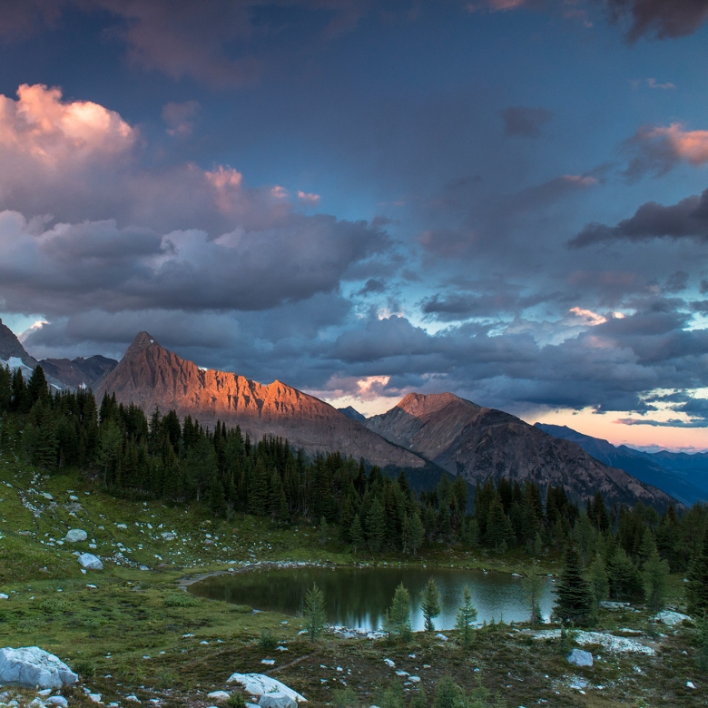 Golden hour on the mountains around Jumbo in the Purcell mountains.