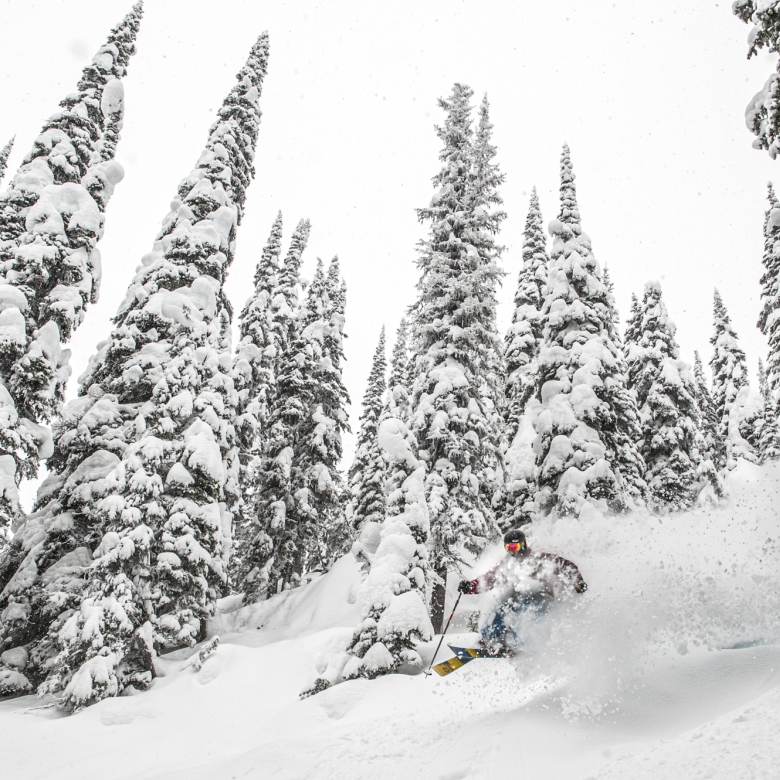 A skiier in deep powder at Whitewater Ski Resort near Nelson, BC.