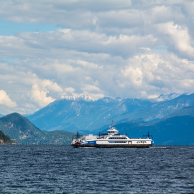 The Kootenay Lake Ferry crossing Kootenay Lake near Nelson, BC