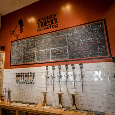 The bar and taps at Angry Hen Brewing Company in Kaslo, BC