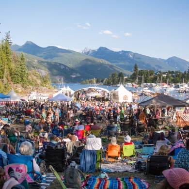 People sitting on the grass looking towards the floating stage on a sunny day at kaslo jazz festival