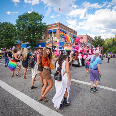 A colourful pink-themed float in the annual Kootenay Pride parade in Nelson BC