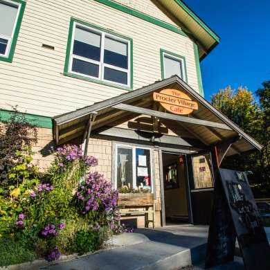 The front of Procter Village Cafe in the springtime 