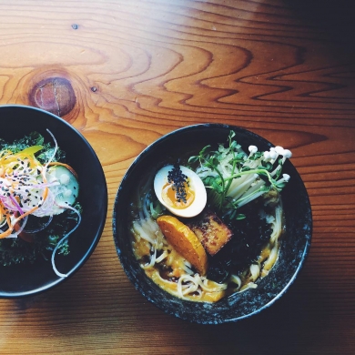 A ramen bowl viewed from above, from Red Light Ramen in Nelson BC