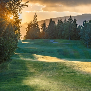Balfour Golf Course at sunset, a golf course near Nelson BC and Balfour BC.