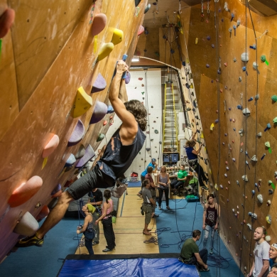 A rock climber at the CUBE indoor climbing centre in Nelson.